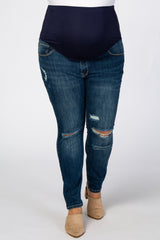 Navy Blue Heavily Distressed Knee Maternity Plus Jeans