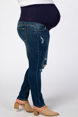 Navy Blue Heavily Distressed Knee Maternity Plus Jeans