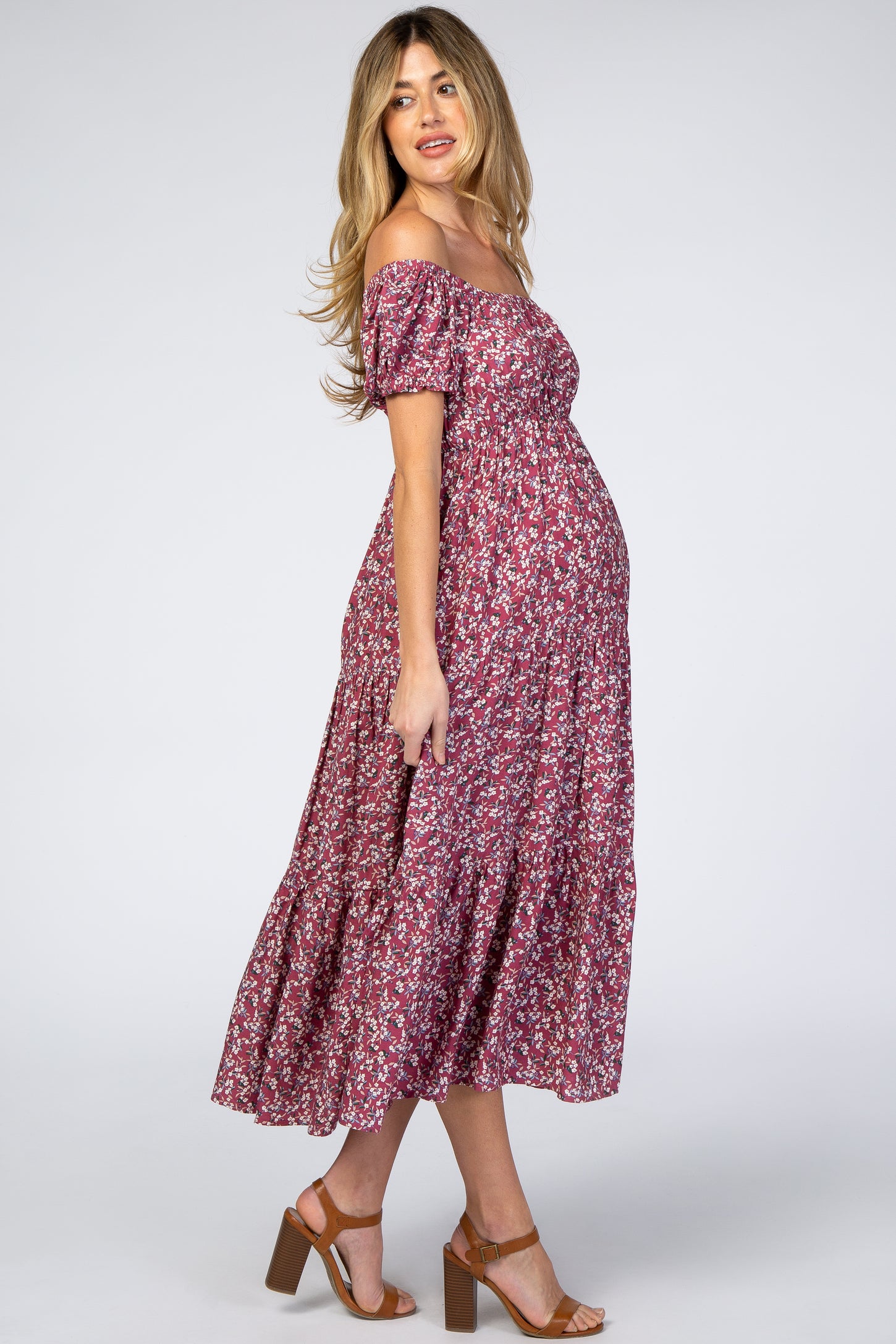 Mauve Floral Off Shoulder Tiered Maternity Dress– PinkBlush