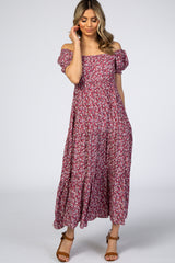 Mauve Floral Off Shoulder Tiered Maternity Dress