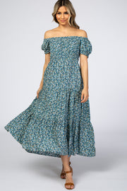 Teal Floral Off Shoulder Tiered Dress