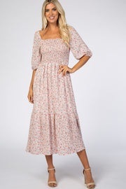 Light Pink Floral Smocked Midi Dress