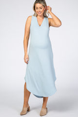 Light Blue V-Neck Sleeveless Maternity Midi Dress