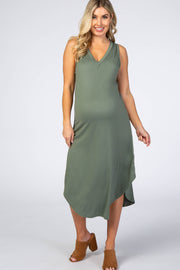 Light Olive V-Neck Sleeveless Maternity Midi Dress