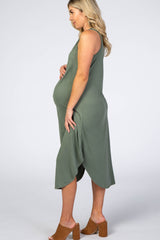 Light Olive V-Neck Sleeveless Maternity Midi Dress