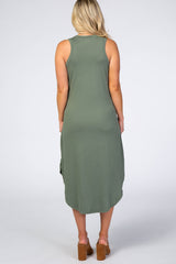 Light Olive V-Neck Sleeveless Maternity Midi Dress