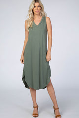 Light Olive V-Neck Sleeveless Maternity Midi Dress