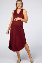 Burgundy V-Neck Sleeveless Maternity Midi Dress