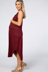 Burgundy V-Neck Sleeveless Maternity Midi Dress