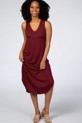 Burgundy V-Neck Sleeveless Maternity Midi Dress