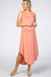 Peach V-Neck Sleeveless Maternity Midi Dress