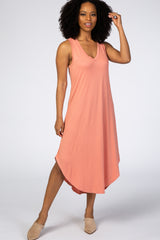 Peach V-Neck Sleeveless Maternity Midi Dress