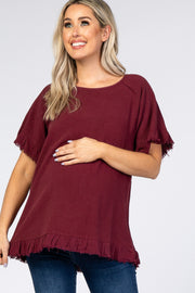 Burgundy Short Sleeve Fringe Ruffle Trim Maternity Blouse