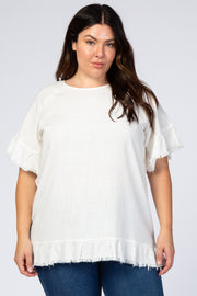 White Short Sleeve Fringe Ruffle Trim Plus Blouse