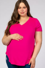 Fuchsia V-Neck Short Sleeve Maternity Plus Top