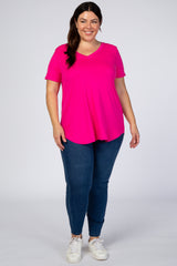 Fuchsia V-Neck Short Sleeve Plus Top