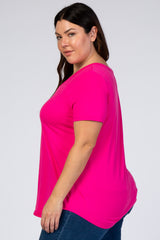 Fuchsia V-Neck Short Sleeve Plus Top