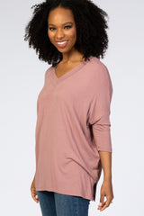 Mauve V-Neck Dropped Shoulder Top