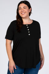 Black Button Front Plus Short Sleeve Top