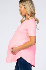 Neon Pink Button Down Short Sleeve Maternity Top