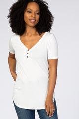 Ivory Ribbed Short Sleeve Button Detail Top