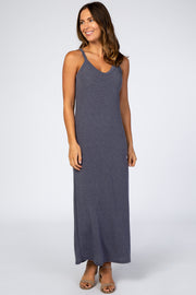 Navy Blue Basic V-Neck Maxi Dress