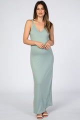 Light Olive Basic V-Neck Maternity Maxi Dress