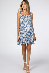 Blue Floral Ruffle Maternity Dress