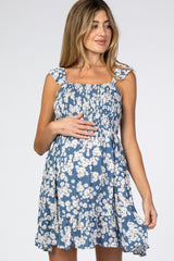 Blue Floral Ruffle Maternity Dress