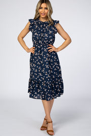 Navy Blue Floral Ruffle Hem Midi Dress