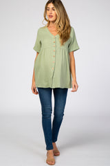 Light Olive Soft Linen Button Front Maternity Top