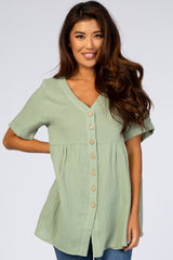 Light Olive Soft Linen Button Front Maternity Top