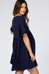 Navy Ruffle Sleeve Baby Doll Maternity Dress