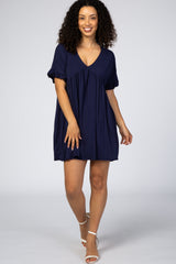 Navy Ruffle Sleeve Baby Doll Maternity Dress