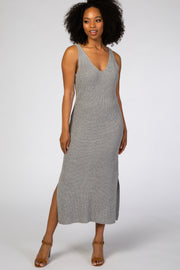 Heather Grey V-Neck Side Slit Midi Dress