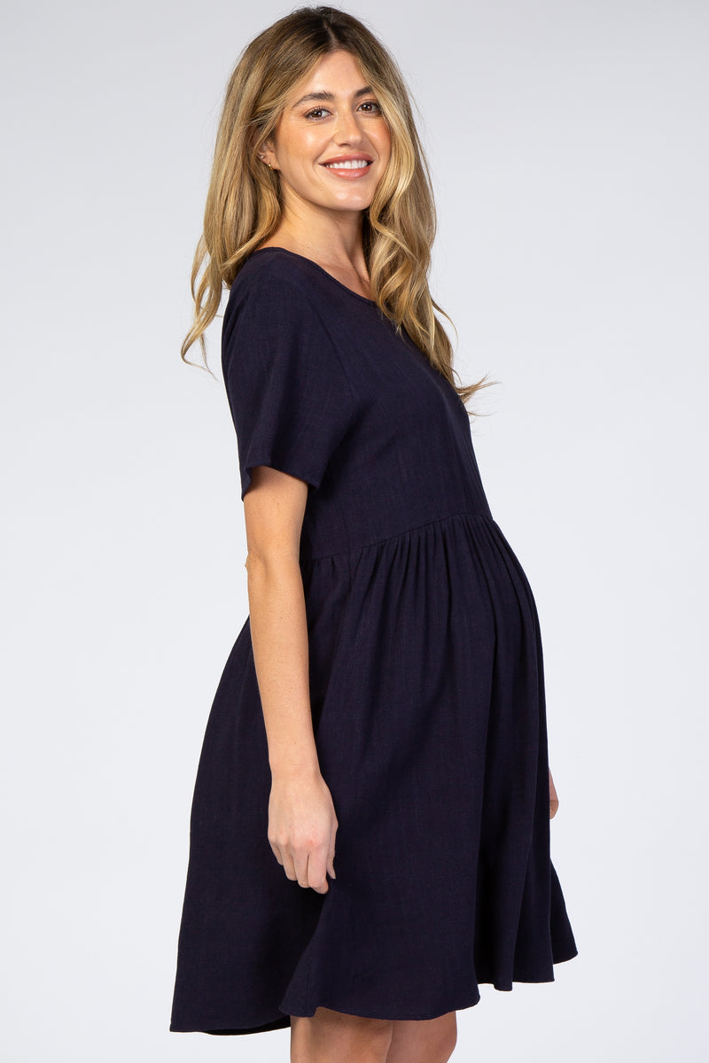 Navy Blue Linen Babydoll Maternity Dress– PinkBlush