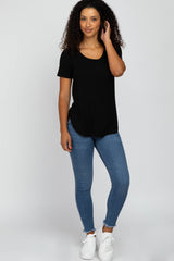 Black Ribbed Rounded Hem Short Sleeve Top