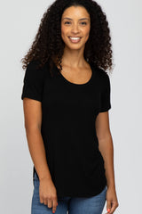 Black Ribbed Rounded Hem Short Sleeve Top