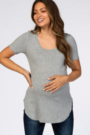 Heather Grey Ribbed Rounded Hem Short Sleeve Maternity Top