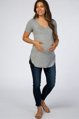 Heather Grey Ribbed Rounded Hem Short Sleeve Maternity Top