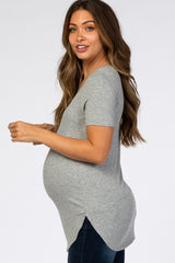 Heather Grey Ribbed Rounded Hem Short Sleeve Maternity Top