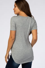 Heather Grey Ribbed Rounded Hem Short Sleeve Maternity Top