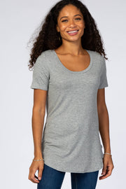 Heather Grey Ribbed Rounded Hem Short Sleeve Top