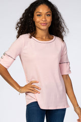 Light Pink Waffle Knit Button Sleeve Maternity Top