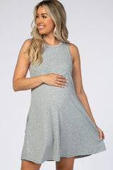 Grey Sleeveless Ribbed Maternity Dress