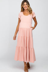 Pink Short Sleeved Tiered Maternity Maxi Dress