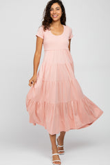 Pink Short Sleeved Tiered Maternity Maxi Dress