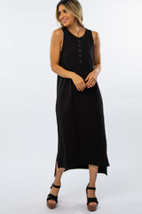 Black Front Button Hi-Low Midi Dress