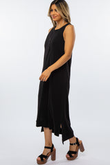 Black Front Button Hi-Low Midi Dress