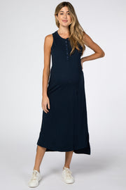 Navy Blue Front Button Hi-Low Maternity Midi Dress